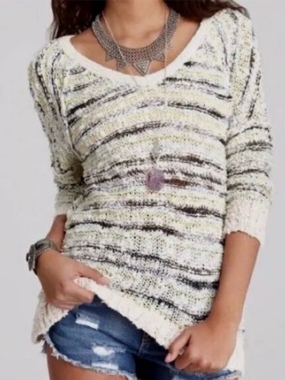 Vintage Free People shaggy Songbird sweater stripes